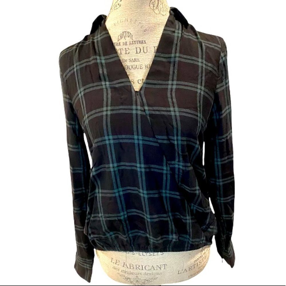 Madewell Shirt Size XS Womens Black Green Wrap Front Top Palma Plaid Blouse